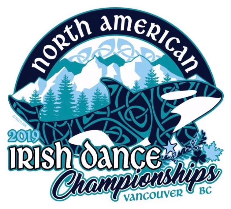 A logo featuring an Orca with Celtic patterns on it, against an image of snowcapped mountains and fir trees. The text says "North american Irish Dance Championships 2019, Vancouver, BC."