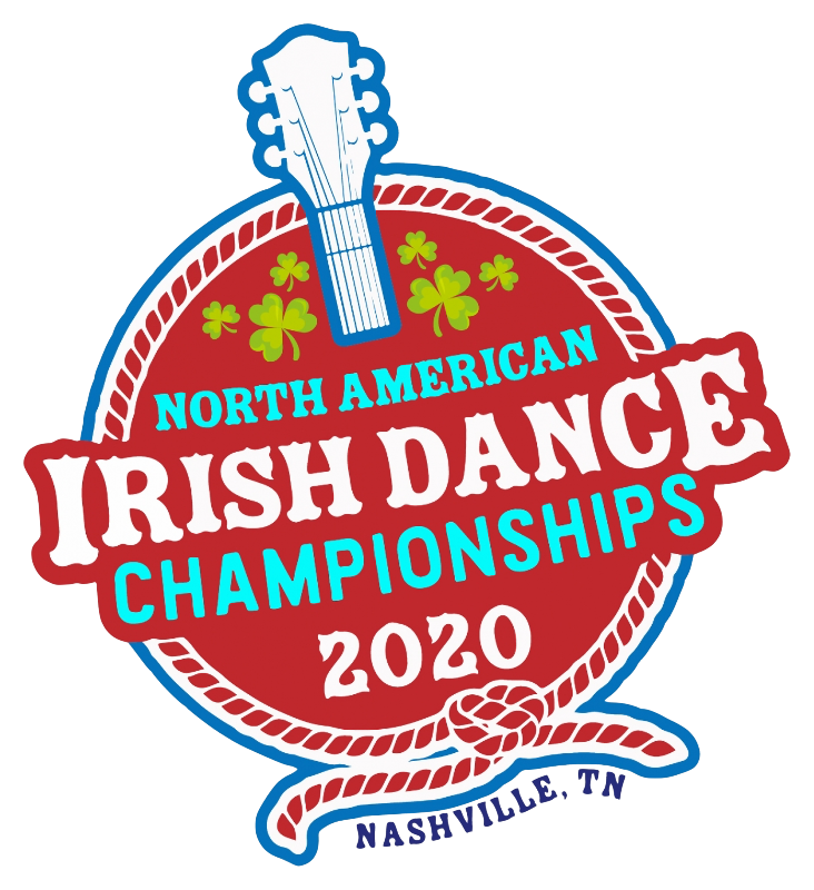 A logo featuring a guitar head and the beginning of a fretbaord vanishing into a red circle with green shamrocks inside, and a lasso around the border. The text reads "North American Irish Dance Championships 2020 Nashville, TN."