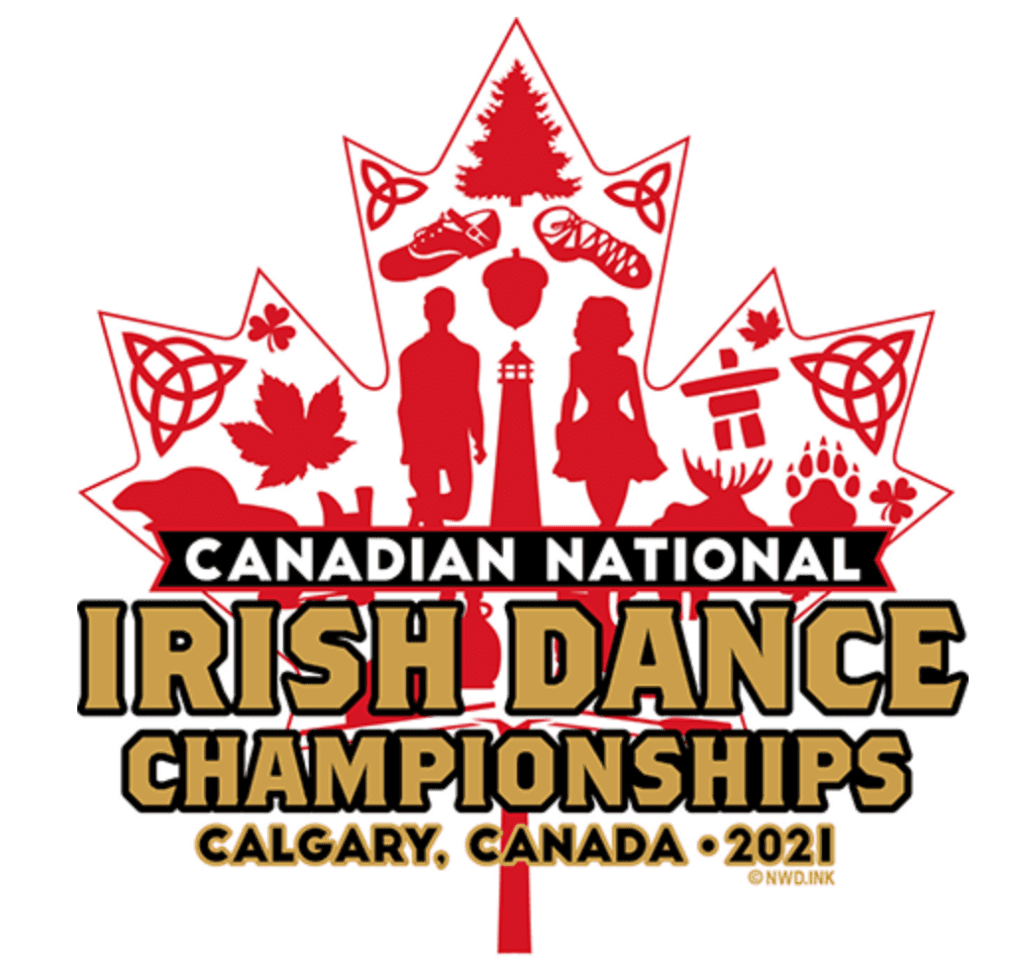 A logo featuring the outline of a maple leaf wiht red designs inside, including a fir tree, maple leaves, an Inuksuk, knotwork, a moose, a bear paw, dance shoes, and two irish dancers. The text reads "Canadian National Irish Dance Championships, Calgary, Canada, 2021."