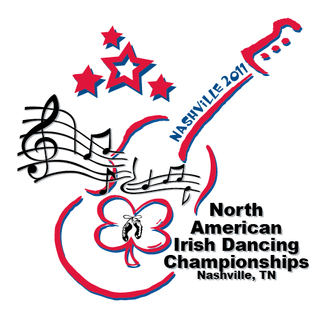 A logo featuring a red outlined guitar, three stars, a four leaf clover with dance shoes inside, and a string of music notes. The text reads "North American Irish Dancing Championships Nashville, TN" and on the fretboard of the guitar the text reads "Nashville 2011."