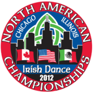 A logo featuring the flags of Canada, the United States, and Mexico against the Chicago skyline and a green celtic knot. The background is blue with a red border and the text reads "North American Irish Dance Championships 2012, Chicago, Illinois."