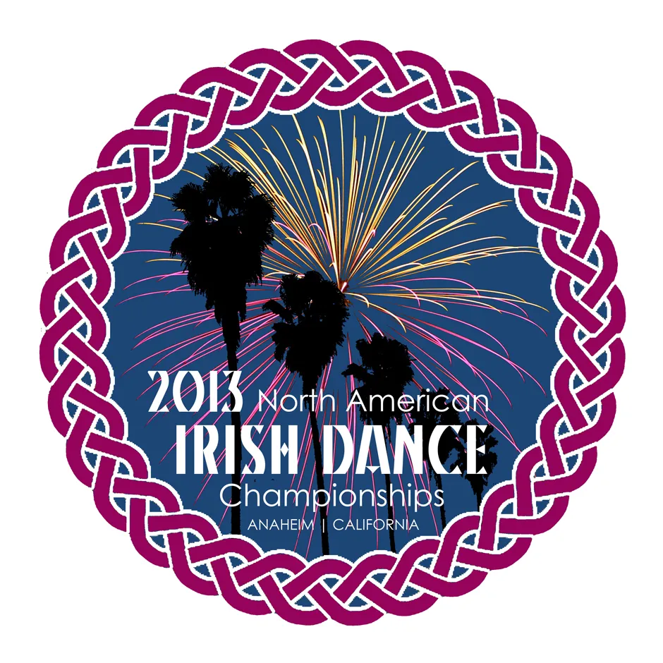 A logo featuring silhouetted against fireworks and a border of Celtic Knotwork. The text reads "2013 North American Irish Dance Championships, Anaheim, California."