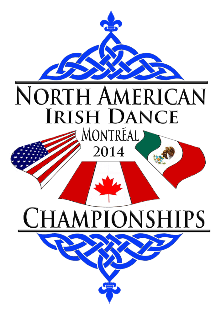 A logo featuring the flags of the United States, Canada, and Mexico with blue celtic knotwork and the words "North American Irish Dance Championships, Montreal, 2014."
