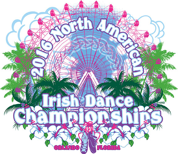 A logo featuring a ferris wheel and palm trees that reads 2016 North American Irish Dance Championships, Orlando, Florida."