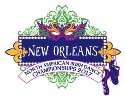 A logo that reads "New Orleans, North American Irish Dance Championships 2017" paired with a Mardi Gras mask, two fleurs de lis, a hard shoe and soft shoe, and green filigree.