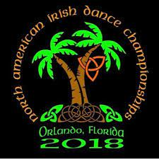 A logo featuring two palm trees and a Celtic knot hanging from one of them with the words North American Irish Dance Championships, Orlando, Florida 2018"