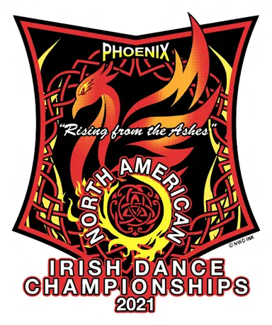 A logo featuring a phoenix, celtic knotwork and flames on a black background in a red bordered shield. The logo reads "North American Irish Dance championships 2021."