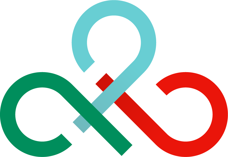 The logo of the Irish Dance Teachers Association of North America, featuring three interconnected lines in a knotwork shape. One is red, one is blue, and one is green.