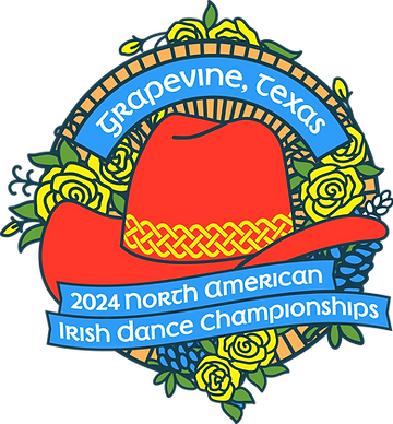 The 2024 NAIDC logo, featuring a red cowboy hat, yellow roses, and white text on a bright blue background that says "Grapevine, Texas" above and "2024 North American Irish Dance Championships"below.