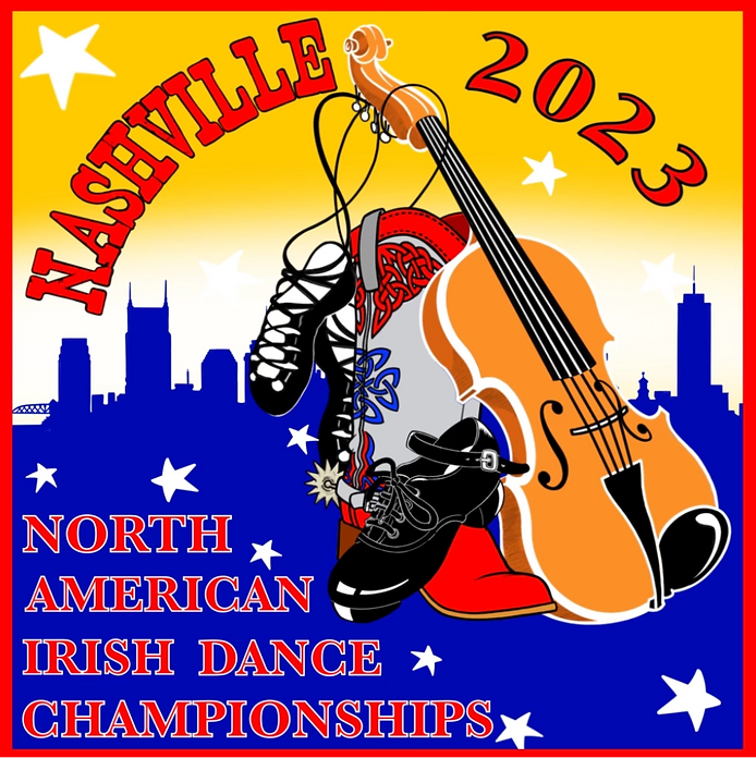 The 2023 NAIDC logo, featuring a fiddle, cowboy boot, hard shoe and soft shoe against a yellow sky and a blue Nashville skyline with white stars on it. The words "Nashville 2023" are in red on top and "North American Irish Dance Championships" in red on bottom.