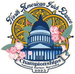 The logo for the North American Irish Dance Championships with an image of the US Capitol and images of cherry blossoms.