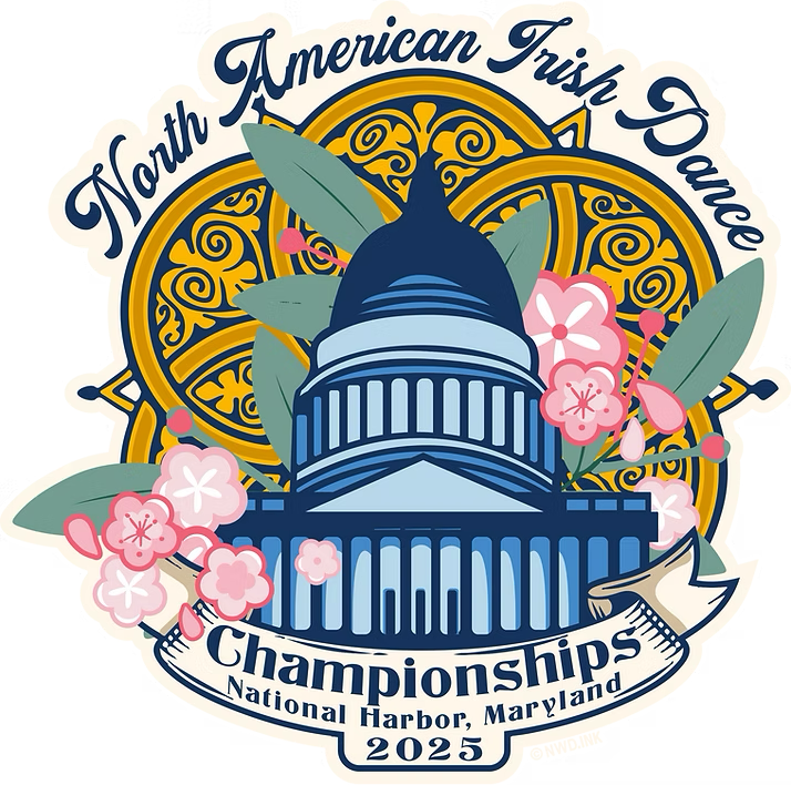 The logo for the North American Irish Dance Championships with an image of the US Capitol and images of cherry blossoms.