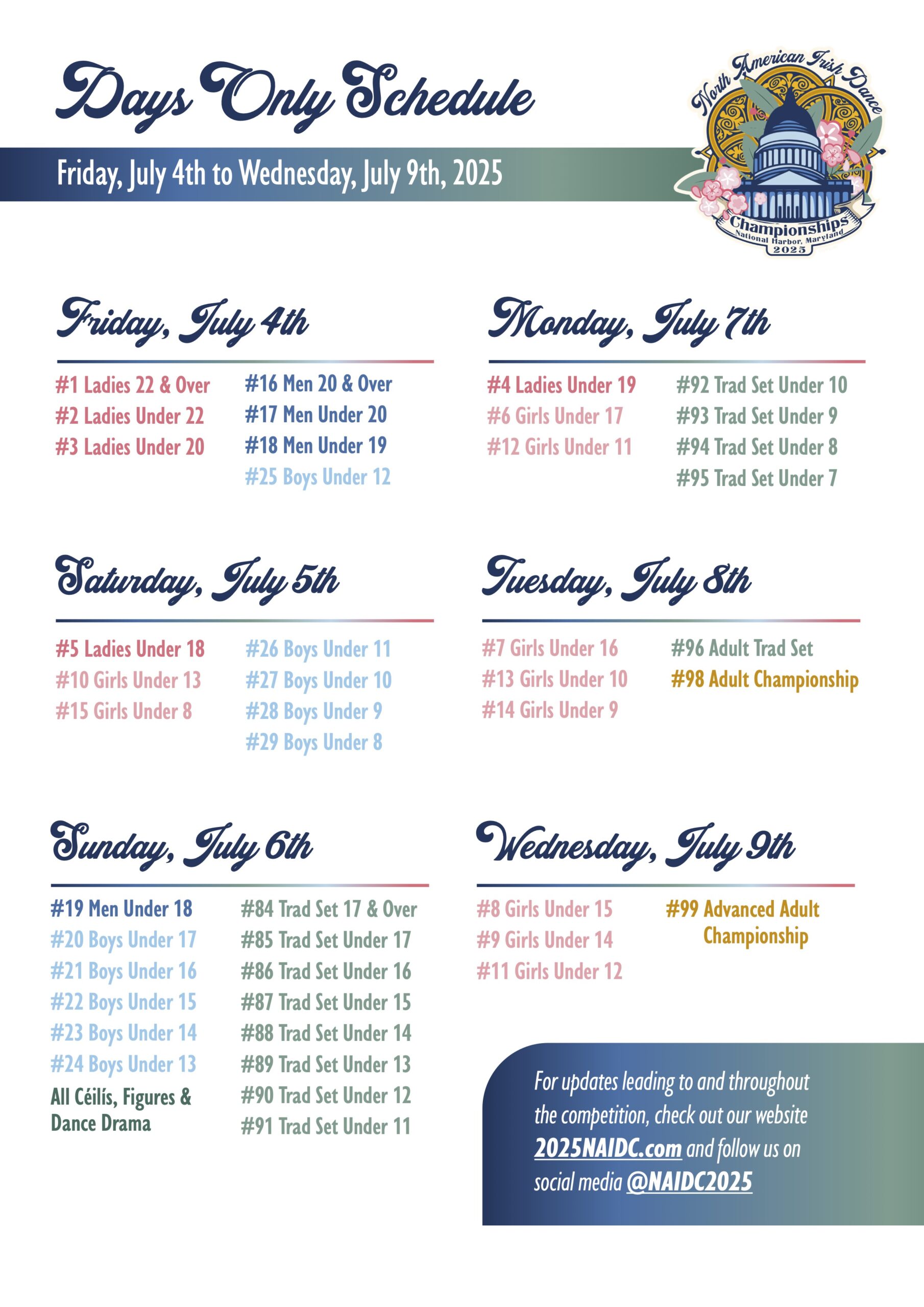 A schedule detailing the days-only schedule for the 2025 NAIDC. Full accessible information can be found at PDF found by clicking the link.