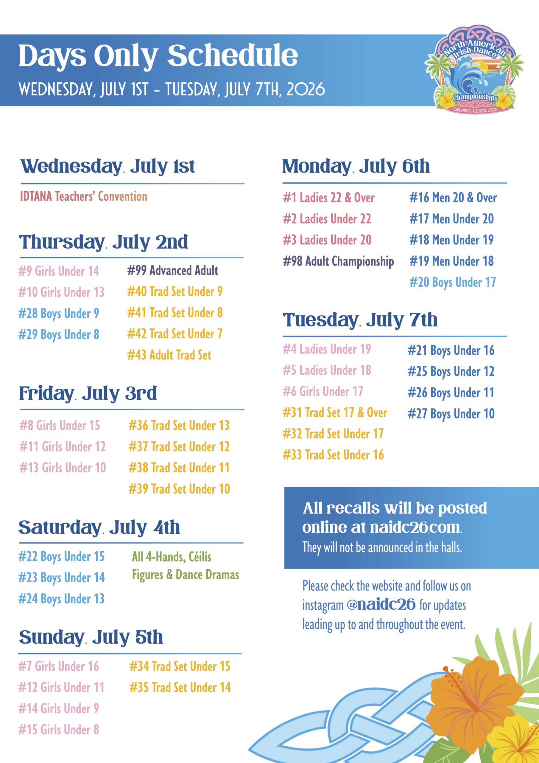 A schedule detailing the days-only schedule for the 2026 NAIDC. Full accessible information can be found at PDF found by clicking the link.